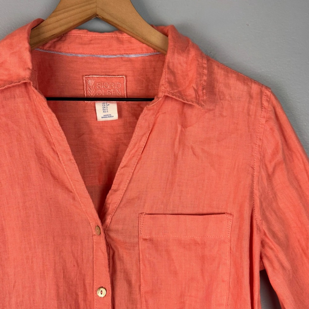 Sigrid Olsen Womens Small Coral Linen Button Up Roll Tab Long Sleeve Shirt Top